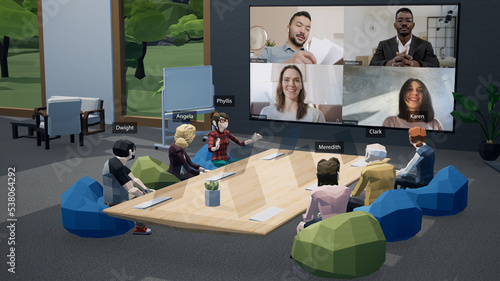 People as avatars together with workers using webcams having a conference call meeting in a virtual metaverse VR office, discussing financial report stats. Generic 3d rendering photo