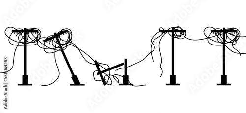 Tangent towers. High voltage pole, electric wires and telephone cable, wire line pylon, poles network. Broken electric pylons, power transmission line. Cartoon for socket, electricity cable and short 