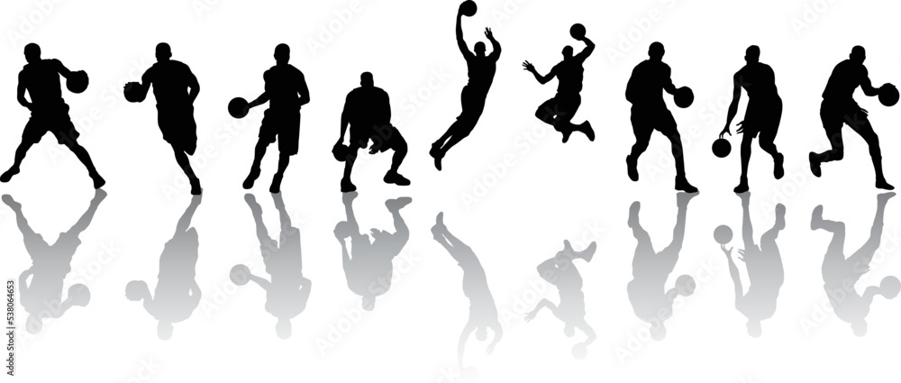 set of illustrations of a silhouette of a basketball player set of illustrations of a silhouette of a basketball player