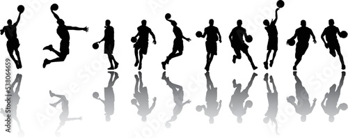 set of silhouettes of people playing basketball