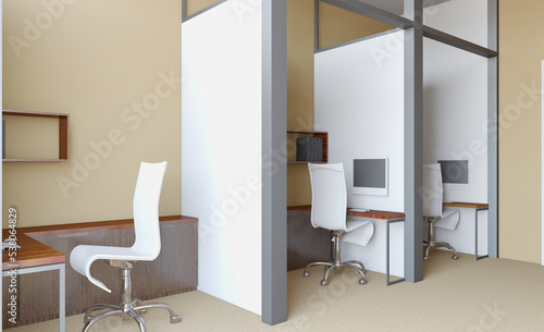 Furniture set with table, chairs and devices. 3D rendering.