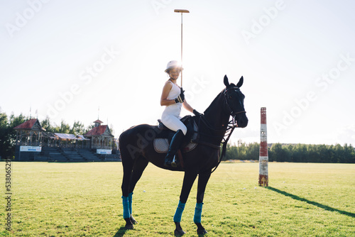 Content female equestrian with polo mallet sitting on horse on field
