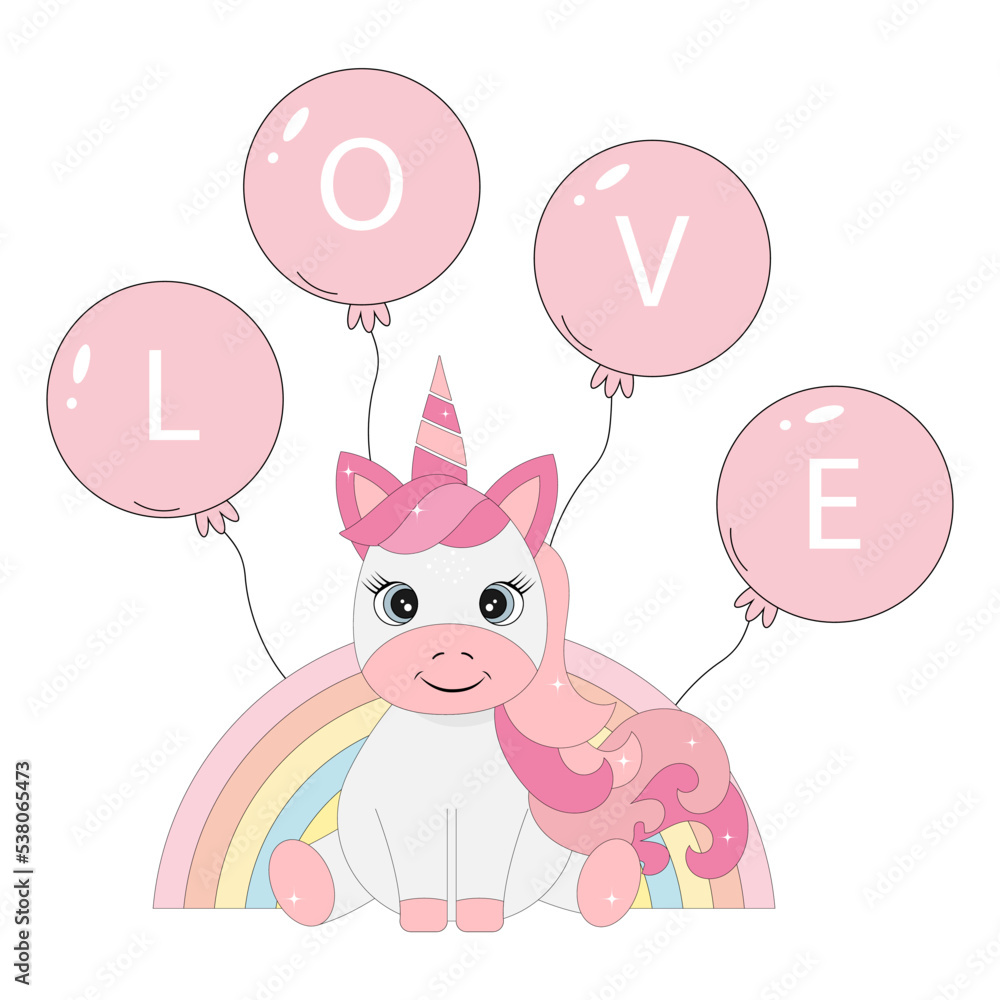 A unicorn child on a rainbow background with balloons. A unicorn child on a rainbow background with balloons.