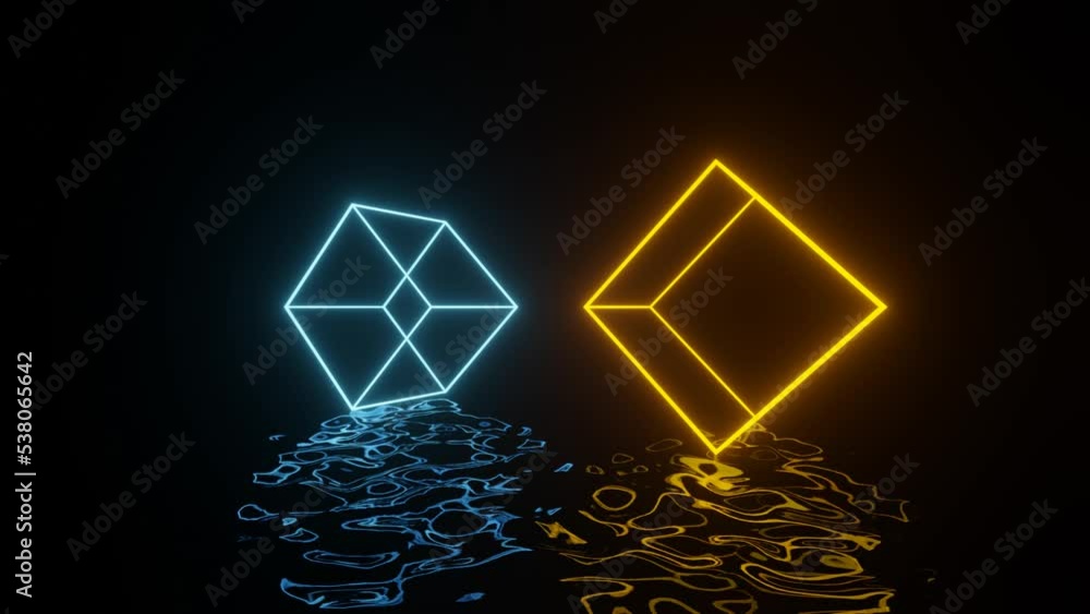 Orange and blue neon glowing cubes in dark space with reflections on ...