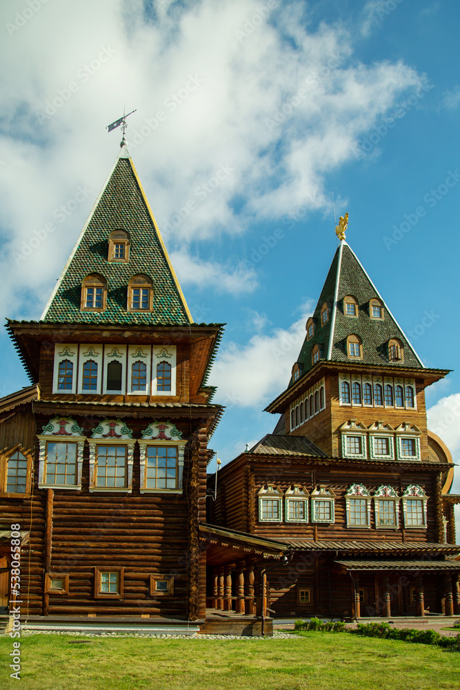 Beautiful wooden towers of the Kolomna Palace of Tsar Alexei Mikhailovich on a clear sunny day. Sights of Moscow, World tourism.