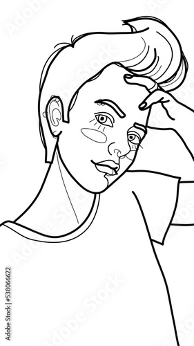 page with the image of a young girl with a stylish short haircut and piercing. Graphic linear drawing for self-coloring