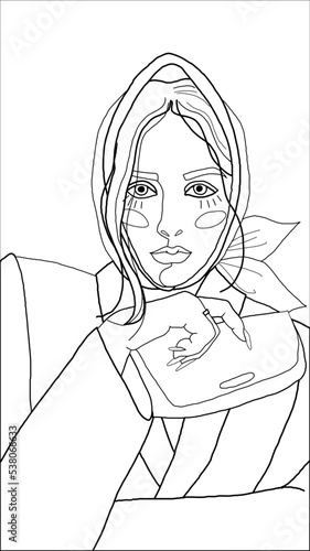 A black and white coloring page with the image of a fashionable girl in a headscarf and an autumn coat