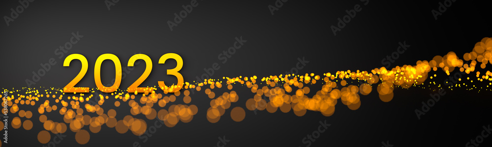 Happy New Year 2023 Background. Golden numbers 2023 with sparkes on black background. 3D Illustration, banner. Place for text Happy New Year 2023 Background. Golden numbers 2023 with sparkes on black background. 3D Illustration, banner. Place for text