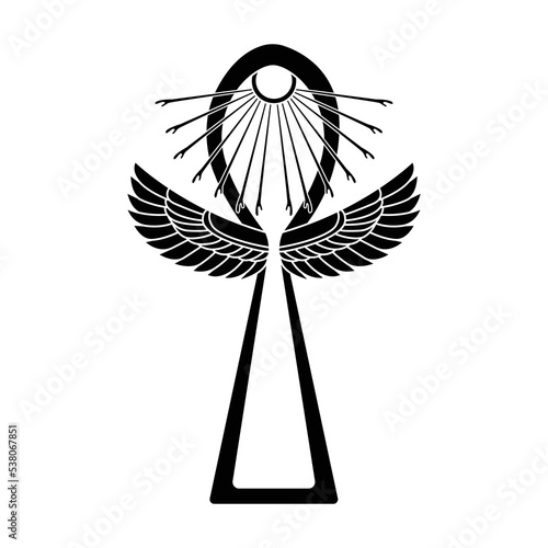 Egyptian wings and Sun ATON , Ankh Key of life  symbol