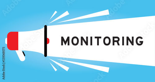 Color megaphone icon with word monitoring in white banner on blue background