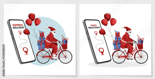 Santa Bicycle Delivery Set. Vector illustration