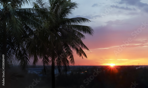 Silhouette of palm trees with freshness summer morning sunrise and colorful sky and clouds for travel and tourist advertising background. © ekapolsira