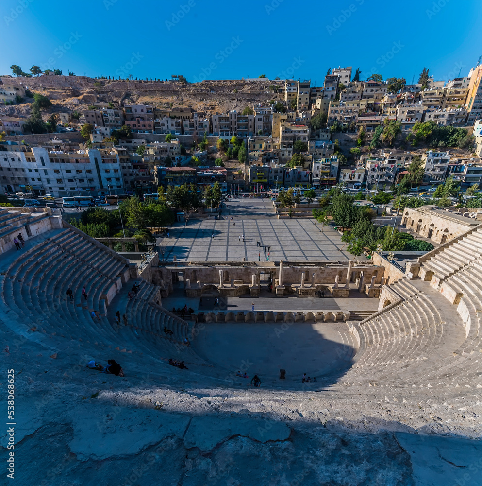A view down over the Roman amphitheatre in Amman, Jordan in summertime