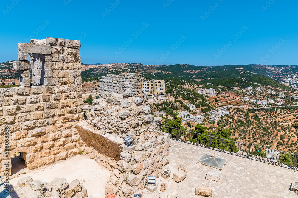 A view east across the battlements of the restored Ajloun Castle, Jordan in summertime