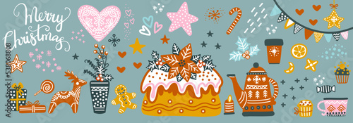 Christmas horizontal card with cake vector illustration