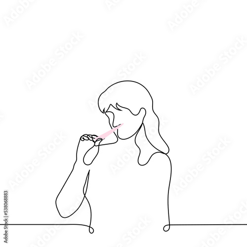 woman sniffing perfume blotter - one line drawing vector. concept selection of new perfumes, perfume development