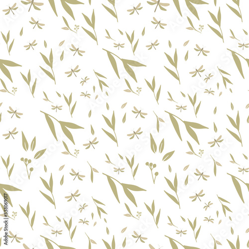 Fototapeta Naklejka Na Ścianę i Meble -  Seamless vector botanical pattern. Dragonflies and grass. Great for printing on fabric and paper.