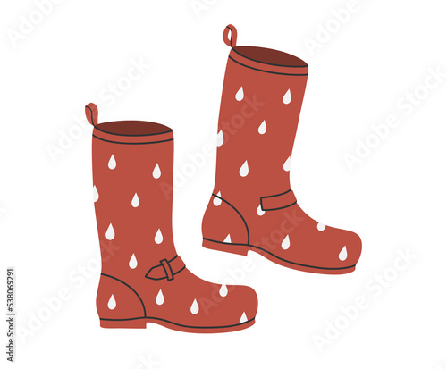 Hand drawn cute illustration of autumn rubber boots. Flat vector warm cozy gumboots in simple colored doodle style. Waterproof shoes sticker, icon or print. Isolated on white background.