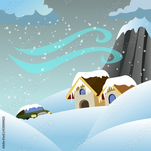 Bllizard, snow storm illustration. Natural calamity, disaster, hazard. Environment. Vector.