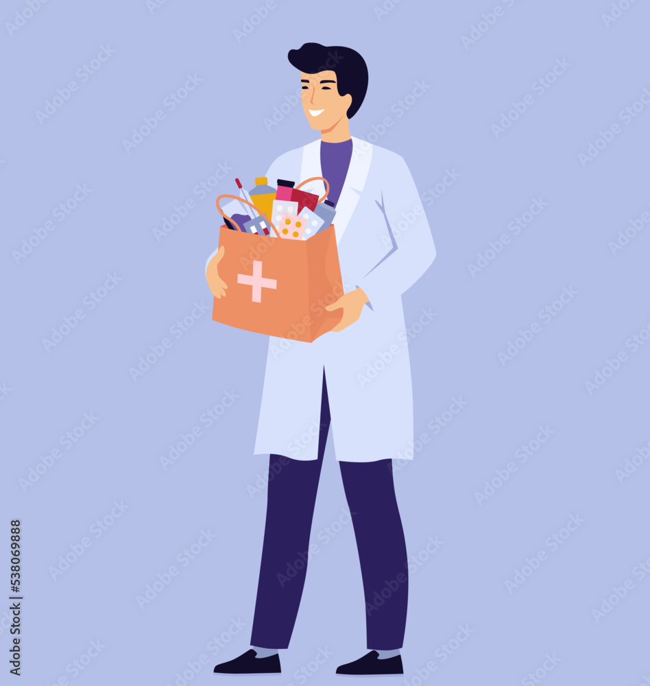 Pharmacist with a bag full of medicines. Online pharmacy concept, seller. Delivery of medicines, drugs, pills, antibiotics. Patient treatment. Flat vector illustration.
