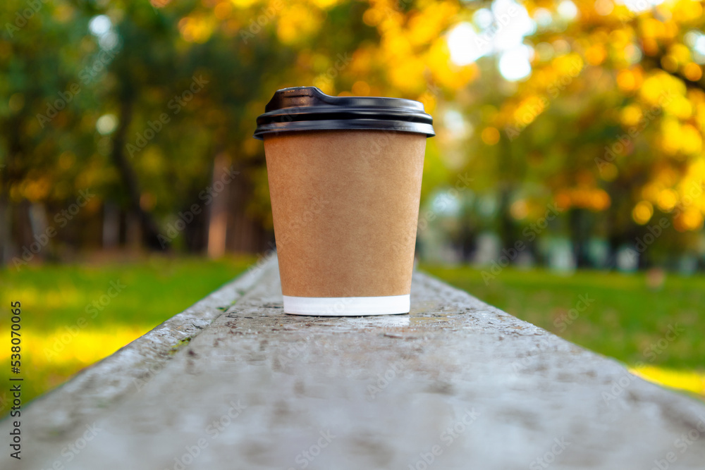 Paper cup with coffee in autumn park. Disposable coffee cup