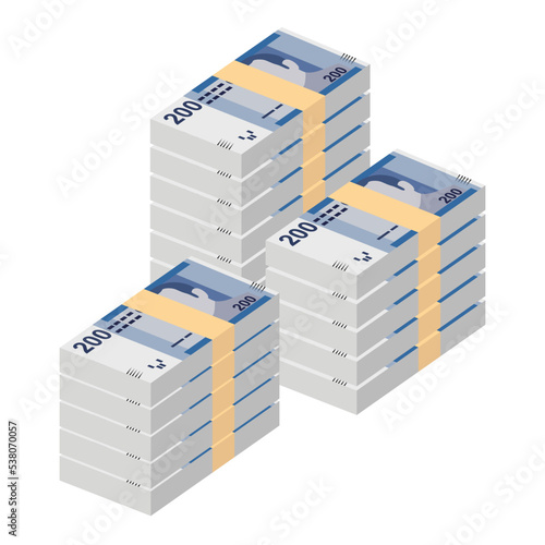 Moroccan Dirham Vector Illustration. Morocco, Ceuta, Melilla, Spain money set bundle banknotes. Paper money 200 MAD. Flat style. Isolated on white background. Simple minimal design.
