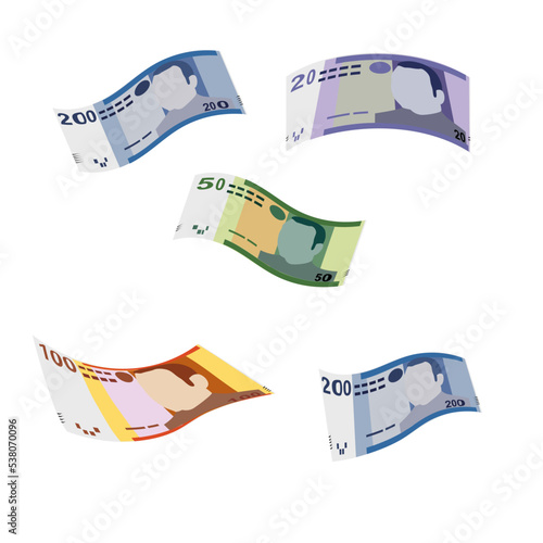 Moroccan Dirham Vector Illustration. Morocco, Ceuta money set bundle banknotes. Falling, flying money 20, 50, 100, 200 MAD. Flat style. Isolated on white background. Simple minimal design.