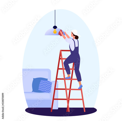 Woman cleaning the ceiling lamp standing on a ladder. Dusting with . Housewife at home.  Housemaid cleaning the apartment. Cleaning service. Cleaner app. Icon. Cleaning application design. Flat vector