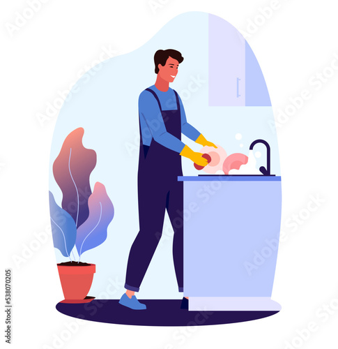 Man washing the dishes in the kitchen with detergent, foam, sponge.  Husband at home.  Cleaning the apartment.  Cleaning service. Cleaner app. Icon. Cleaning application design. vector illustration.