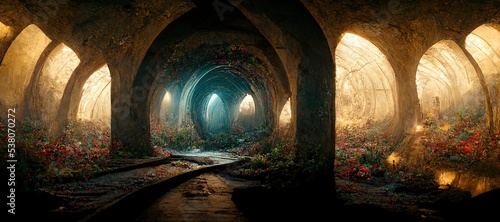 Massive Illuminated Tunnels and Tiny Humans - Fantasy Landscape - Digital Art, 3D Render, Concept Art