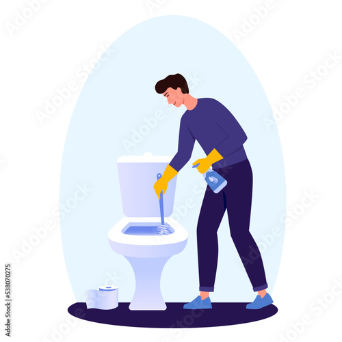 Man cleaning the toilet with detergent and brush. Wiping. Gender equality.  Husband cleaning the apartment. Cleaning service. Cleaner app. Icon. Cleaning application design. Flat vector illustration.