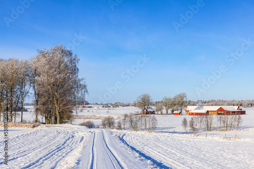 Snowy road to a farm in a wintry landscape
