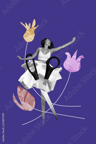 Collage photo of young ballerina dancing without legs scissors absurd paper flowers beautiful relaxed hobby look empty space isolated on purple color background