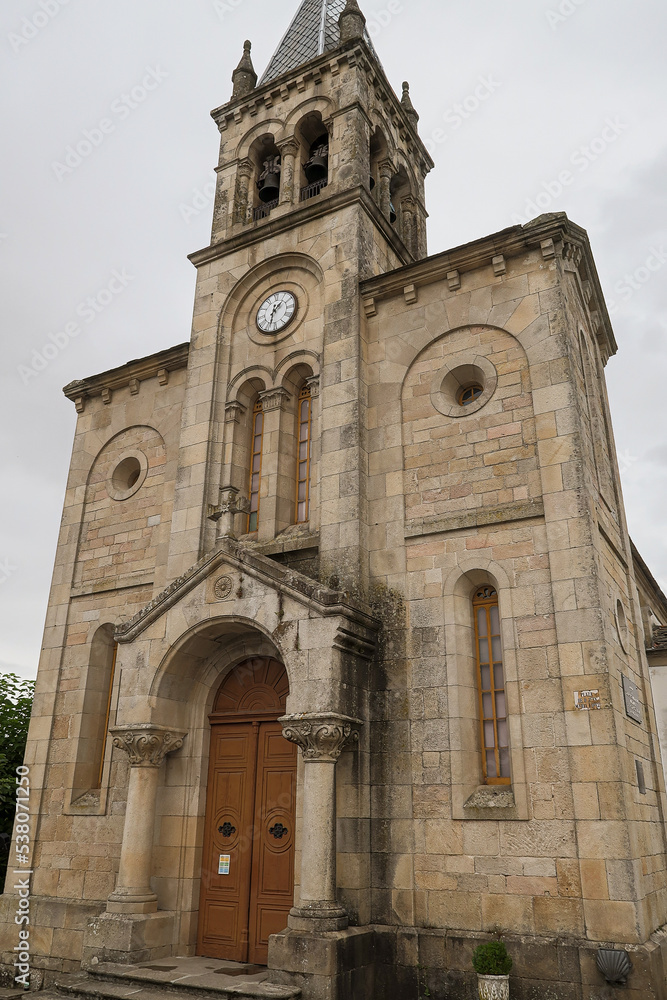 Main facade of the Church of Santa Mariña de Sarria, Lugo, Galicia, Spain. French Way of Saint James.
