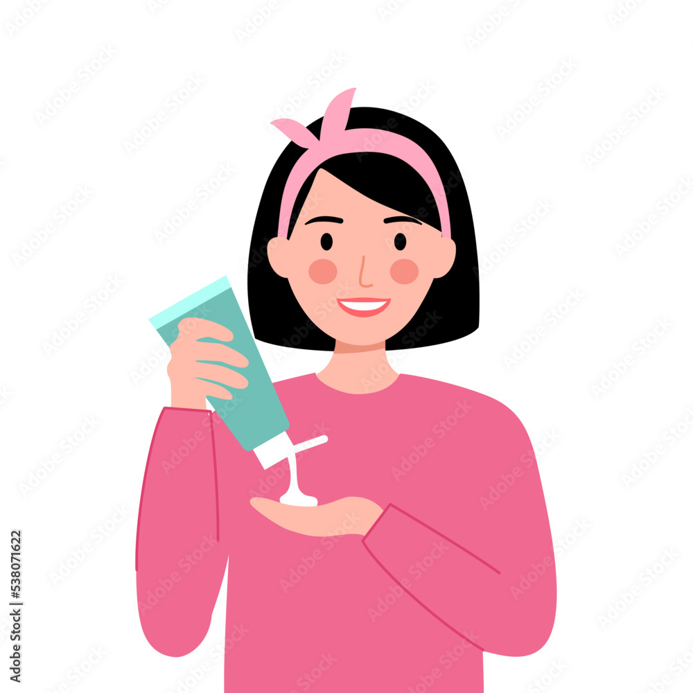 Woman applying moisturizing cream on palm in flat design. Skin care beauty product. Woman applying moisturizing cream on palm in flat design. Skin care beauty product.
