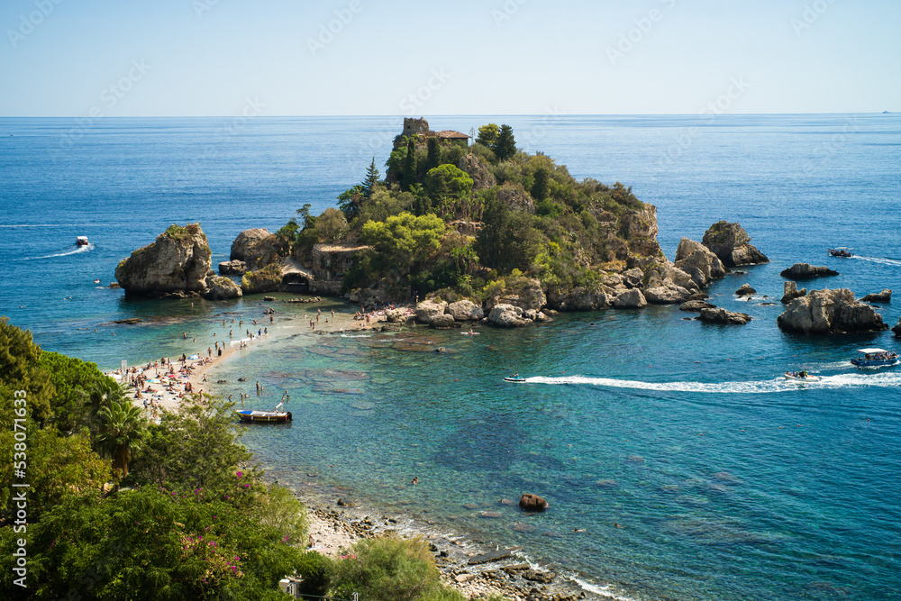 isola Bella island in Taormina, Sicily on a sunny day, view from above