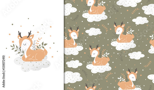 Set of posters and seamless patterns with a forest reindeer. Children's illustration for posters, textiles. Vector