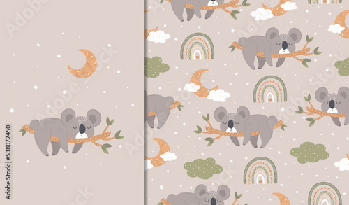 Set of posters and seamless patterns with a koala lying and sleeping on a branch. Children's illustration for posters, textiles. Vector