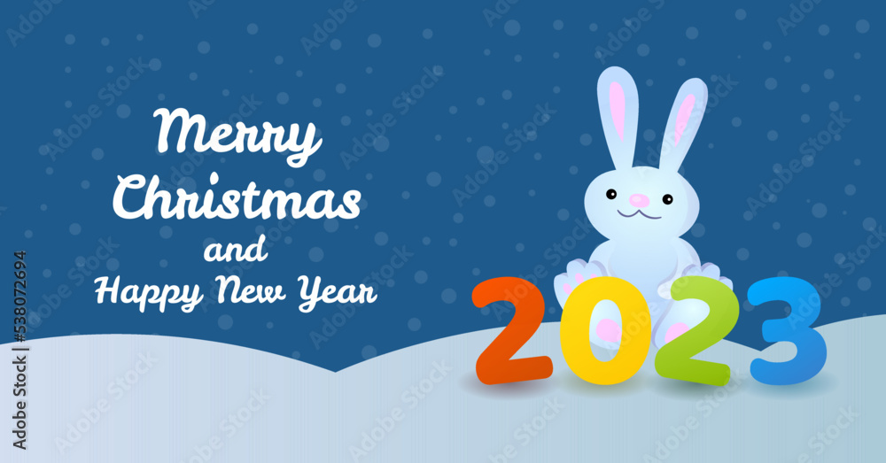 Merry Christmas and Happy New Year 2023 greeting card with rabbit in cartoon style. Vector illustration Merry Christmas and Happy New Year 2023 greeting card with rabbit in cartoon style. Vector illustration