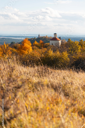 Chapel on Ovčí vrch (Schaafberg) in autumn. Colorful nature. Chapel of the Mortal Anguish of Christ near Krasíkov in Tachov district, Pilsen region, Czech republic. photo