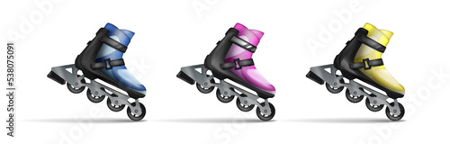 3d realistic vector icon. Set of colorful roller skates isolated on white background. 