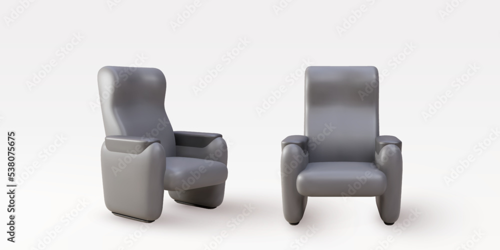 3d two realistic Cinema armchair black cozy seat. Armchair With Comfortable Elbows. Vector illustration. 3d two realistic Cinema armchair black cozy seat. Armchair With Comfortable Elbows. Vector illustration.
