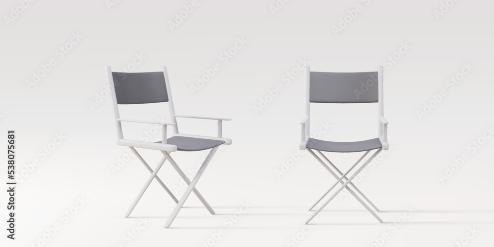 Fototapeta premium 3d two realistic producer chair, director chair, on a grey background. Vector illustration.