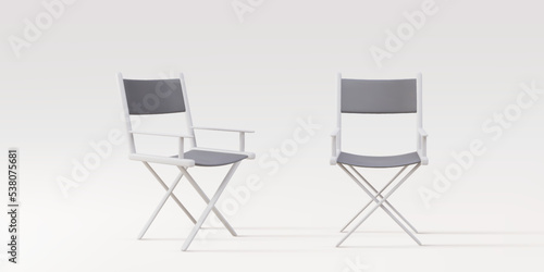3d two realistic producer chair, director chair, on a grey  background. Vector illustration.