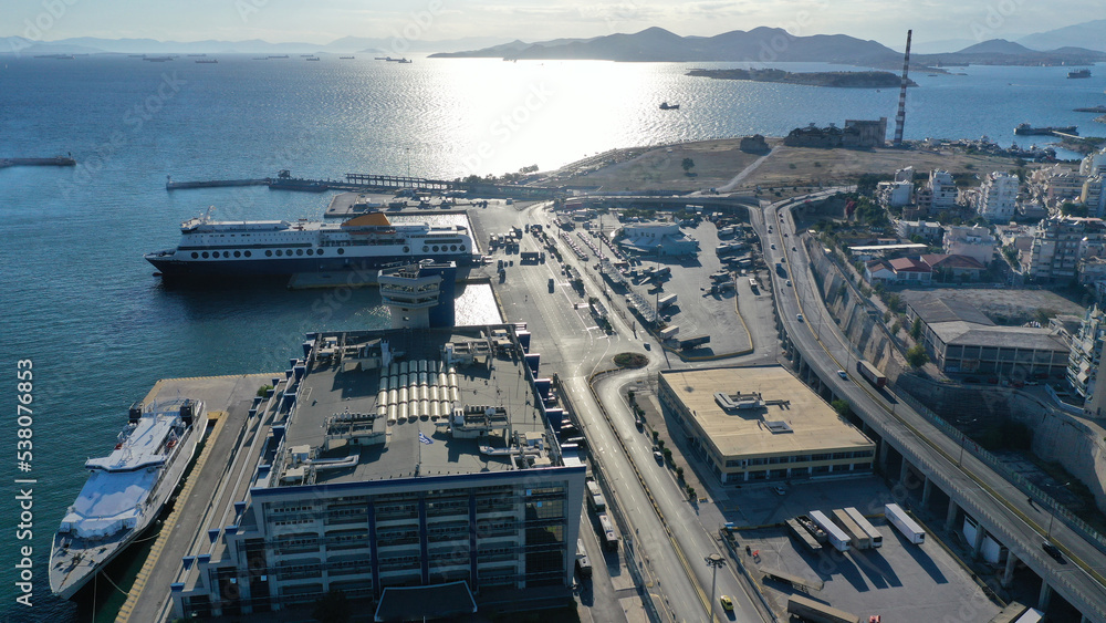 Aerial photo of industrial part in port of Piraeus at sunset, Attica, Greece