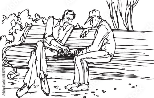 Vector linear black and white sketch: two old men sitting on a bench in the park and playing cheese. Illustration about friendship, everyday life. 
