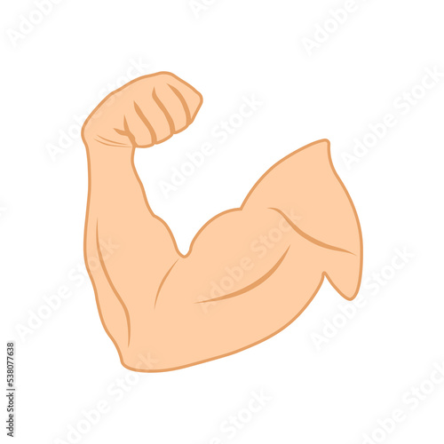 Cartoon white arm muscle icon. Muscles and strength hand gym. Bodybuilder biceps flex arms symbol. Emoji of strong bicep sign. Sport, fitness, workout, gym club logo. Vector illustration