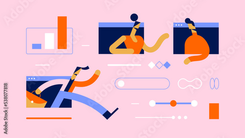 Corporate flat vector illustration. Telecommuters are surrounded by web and technology elements. Representation of digital business. Group of modern workers communicating.