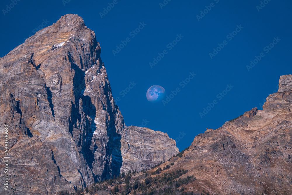 Dramatic Moonset Descending the North Face of the  Grand Teton in Wyoming