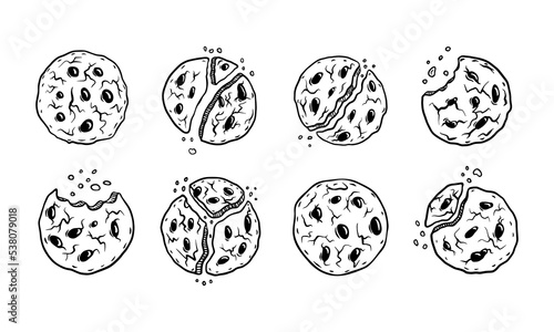 Hand drawn cookies set. Sweet pastry with chocolate chips isolated on white background. Vector illustration.